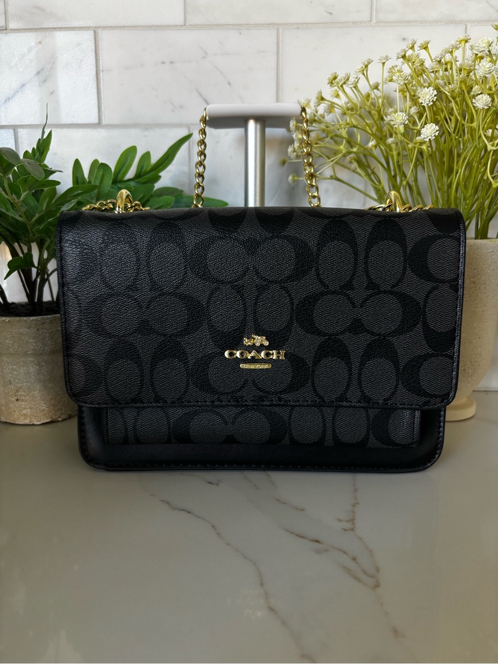 Coach Black Signature Chain Crossbody Bag with Gold Hardware